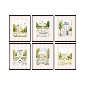 Puede incluir: Conjunto de seis ilustraciones de acuarela enmarcadas que representan escenas parisinas. Cada marco presenta una vista diferente de una calle parisina, incluyendo una fuente, un puente y un edificio con una torre de reloj. Las ilustraciones est&aacute;n pintadas en colores pastel suaves y tienen un aspecto vintage.
