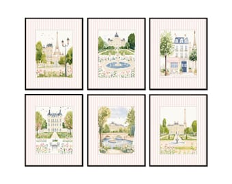Pink Striped Paris Print Set, French Cottage Decor, Paris Travel Prints, Paris Nursery Art, French Chateau Art, Grandmillennial Art