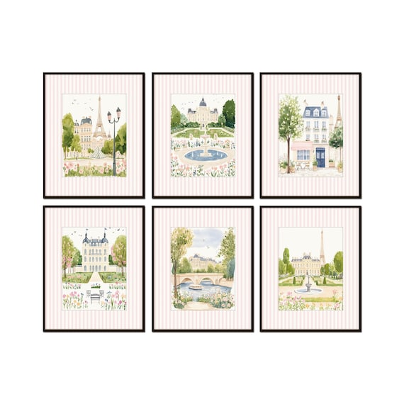 Pink Striped Paris Print Set, French Cottage Decor, Paris Travel Prints, Paris Nursery Art, French Chateau Art, Grandmillennial Art
