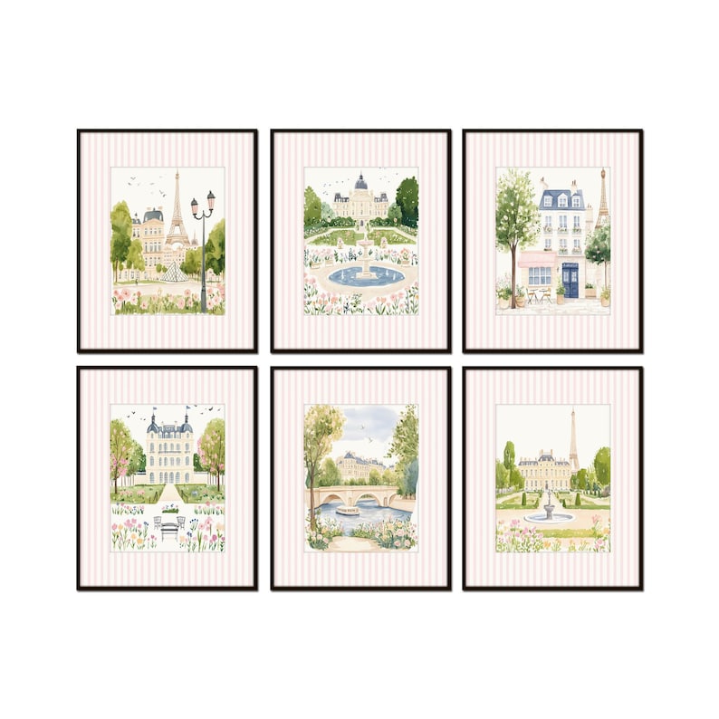 Puede incluir: Conjunto de seis ilustraciones de acuarela enmarcadas que representan escenas parisinas. Cada marco presenta una vista diferente de una calle parisina, incluyendo una fuente, un puente y un edificio con una torre de reloj. Las ilustraciones est&aacute;n pintadas en colores pastel suaves y tienen un aspecto vintage.