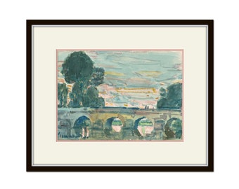 Vintage French Watercolor Landscape Collage Print, French Bridge,  Art Prints, Vintage Painting, Architectural Wall Art, Home Decor