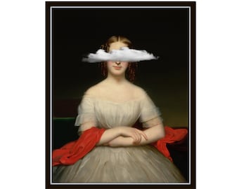 Altered Art Portrait Painting, Head in the Clouds No. 3, Collage Art, Vintage Portrait, Wall Art, Antique Portrait Art, Surreal Art