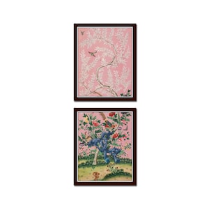 Chinoiserie Panel Set No. 1, Botanical Prints, Bird Prints, Antique Textile Art, Wall Art, Giclee, Chinoiserie Art, Preppy Wall Art