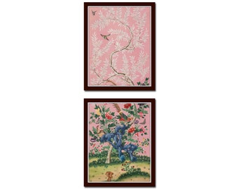 Chinoiserie Panel Set No. 1, Botanical Prints, Bird Prints, Antique Textile Art, Wall Art, Giclee, Chinoiserie Art, Preppy Wall Art