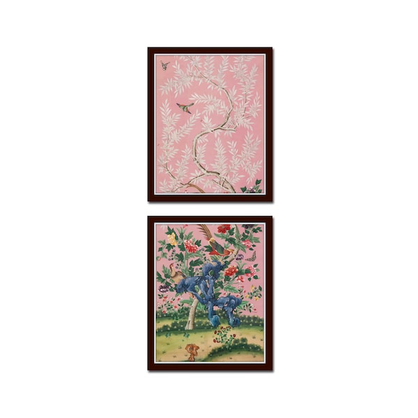Chinoiserie Panel Set No. 1, Botanical Prints, Bird Prints, Antique Textile Art, Wall Art, Giclee, Chinoiserie Art, Preppy Wall Art