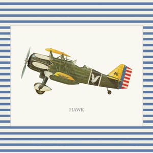May include: An illustration of a vintage biplane, primarily olive green with yellow accents, a white eagle emblem, and red and white striped tail. The image is framed with a white border and a blue and white striped background. The word "HAWK" is printed below the plane.