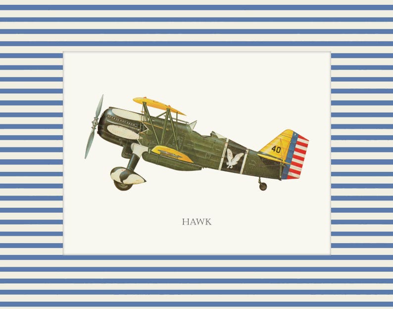 May include: An illustration of a vintage biplane, primarily olive green with yellow accents, a white eagle emblem, and red and white striped tail. The image is framed with a white border and a blue and white striped background. The word "HAWK" is printed below the plane.