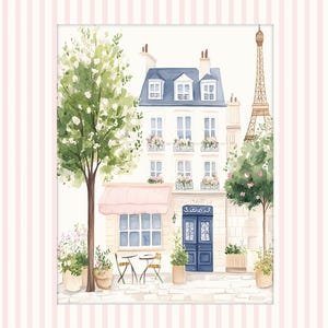 Puede incluir: Una pintura de acuarela de una escena callejera parisina con un caf&eacute;, un edificio y la Torre Eiffel en el fondo. El caf&eacute; tiene un toldo rosa y una mesa con dos sillas. Hay &aacute;rboles y flores en la escena.