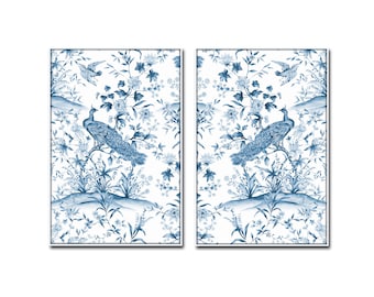 French Chinoiserie Watercolor Print Set No. 4 Teal Blue, Bird and Botanical Print Set, Botanical Prints, Bird Prints, Chinoiserie Art