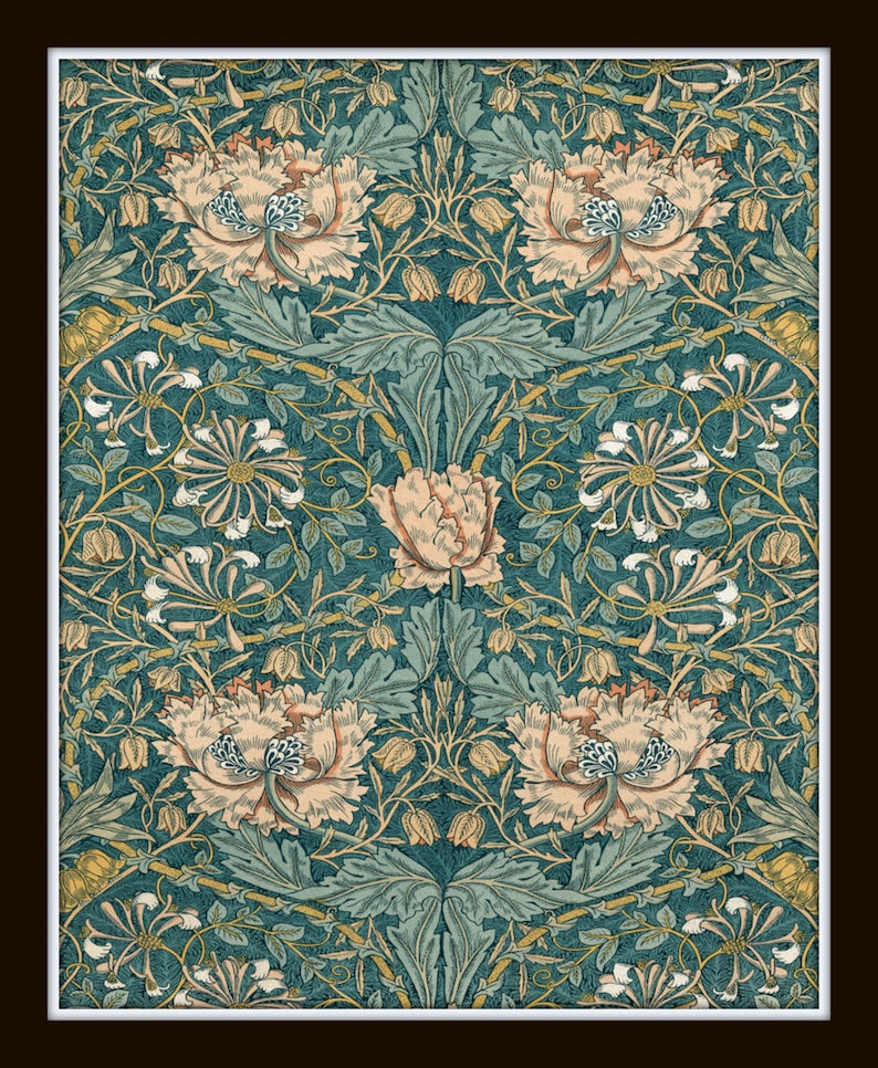 May include: A vintage floral pattern with a repeating design of pink flowers, green leaves, and white blossoms on a teal background.