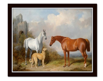 May include: A painting of three animals in a field. A white horse stands on the left, a brown horse stands on the right, and a light brown dog stands between them. The horses are looking at each other, and the dog is looking at the brown horse. The background is a landscape with a stone archway and a cloudy sky.