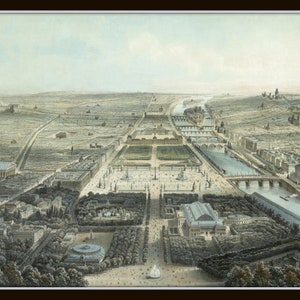 May include: An aerial view of Paris, France, showing the city's layout and landmarks, including the Seine River, the Tuileries Garden, and the Louvre Museum. The image is a watercolor painting.