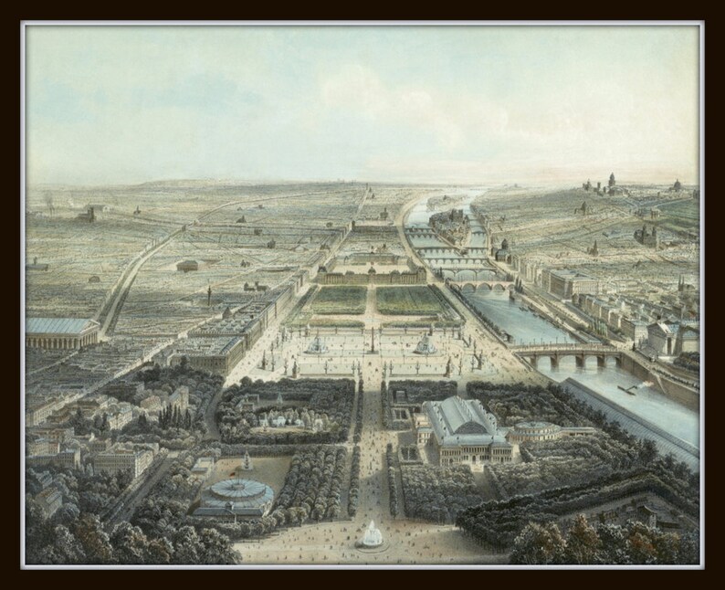May include: An aerial view of Paris, France, showing the city's layout and landmarks, including the Seine River, the Tuileries Garden, and the Louvre Museum. The image is a watercolor painting.