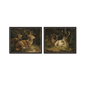 Vintage Deer in the Forest Print Set, Hunting Prints, Hunt Club Art, Cabin Art, Mountain Art, Wall Decor, Wall Art, Home Decor