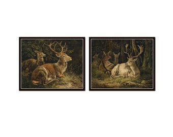 Vintage Deer in the Forest Print Set, Hunting Prints, Hunt Club Art, Cabin Art, Mountain Art, Wall Decor, Wall Art, Home Decor