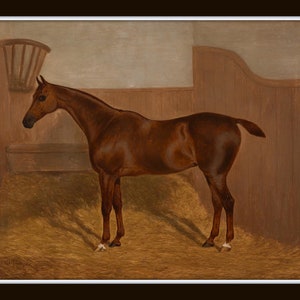 May include: A painting of a brown horse standing in a stable. The horse is facing to the left and has a white blaze on its face. The stable is made of wood and has a hay-filled stall.