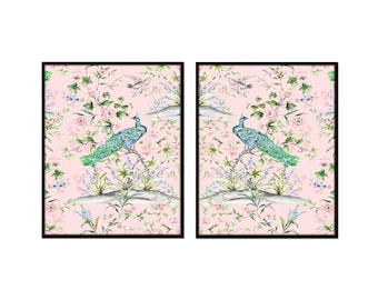 Pink Chinoiserie Birds Print Set, Botanical Art Prints, Chinoiserie Decor, Preppy Art, Grandmillennial Art Decor, Wall Art, Print Set