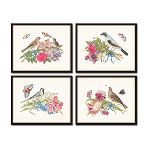 Birds and Blooms Print Set No. 1, Bird and Botanical Print Set, Botanical Prints, Vintage Bird Prints, Chinoiserie Art, Preppy Art