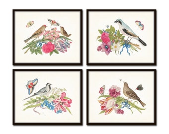 Birds and Blooms Print Set No. 1, Bird and Botanical Print Set, Botanical Prints, Vintage Bird Prints, Chinoiserie Art