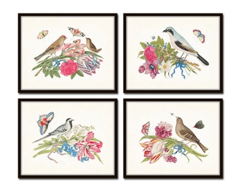 Birds and Blooms Print Set No. 1, Bird and Botanical Print Set, Botanical Prints, Vintage Bird Prints, Chinoiserie Art, Preppy Art