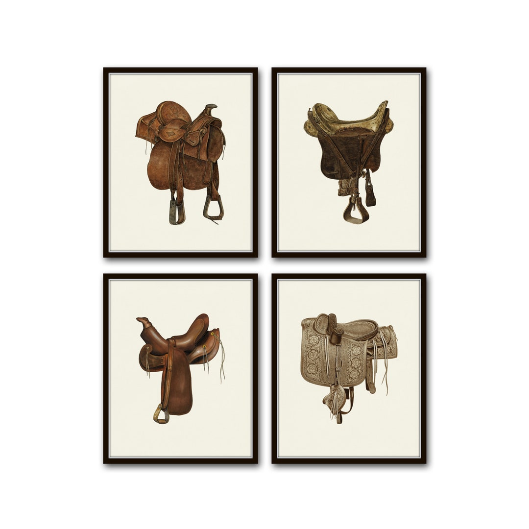 Vintage Horse Saddles Set of 4 Prints, Equestrian Art, Horse Art
