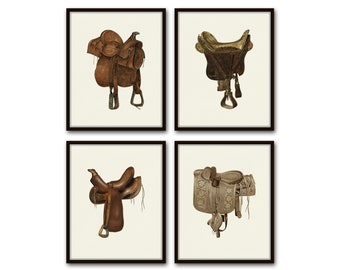 Vintage Horse Saddles Set de 4 grabados, arte ecuestre, arte del caballo. Decoración ecuestre, Arte de granja, Estampados de caballos, Arte occidental