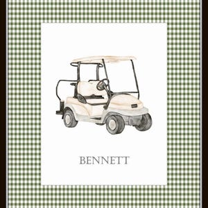 May include: A watercolor illustration of a white golf cart with black accents. The cart is on a white background with a green and white gingham border. The name "BENNETT" is written in black below the cart.