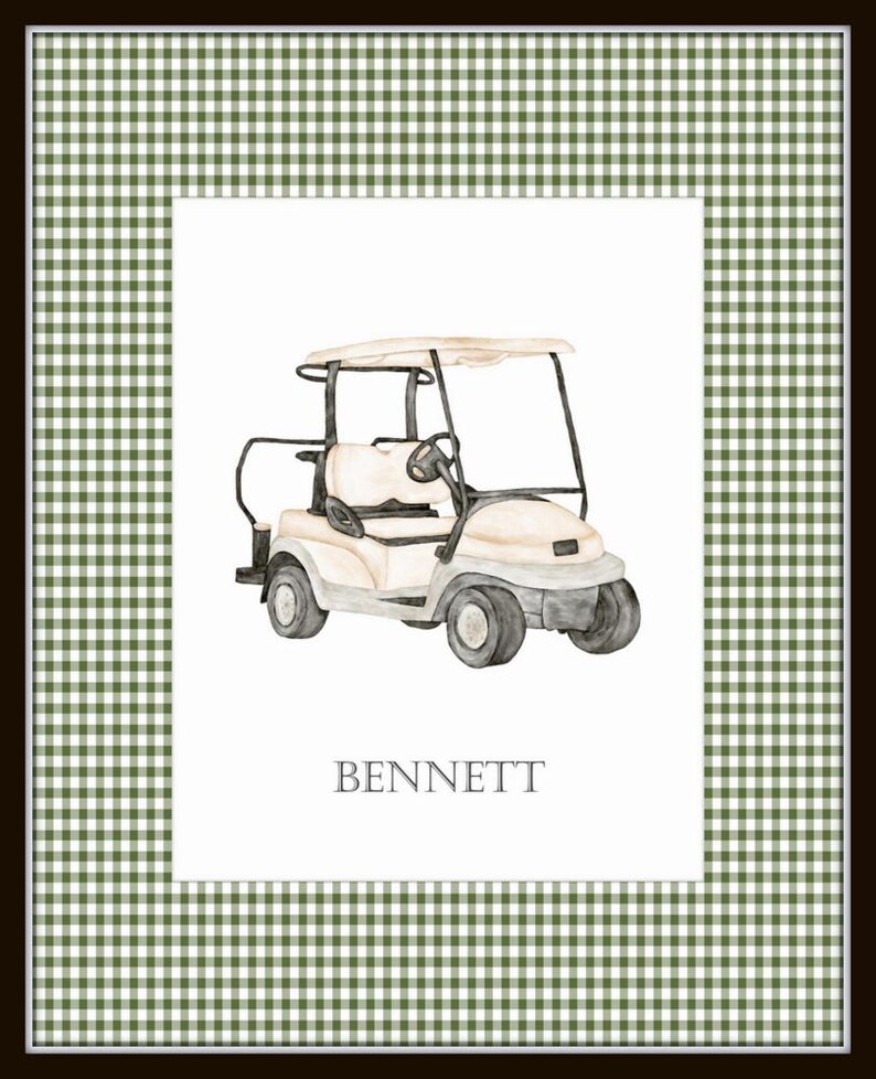 May include: A watercolor illustration of a white golf cart with black accents. The cart is on a white background with a green and white gingham border. The name "BENNETT" is written in black below the cart.