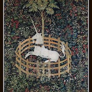 May include: A white unicorn with a golden horn is trapped within a circular wooden fence. The unicorn is surrounded by a lush green forest with colourful flowers and a large tree in the background.