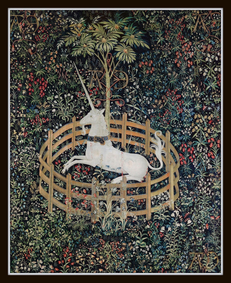 May include: A white unicorn with a golden horn is trapped within a circular wooden fence. The unicorn is surrounded by a lush green forest with colourful flowers and a large tree in the background.