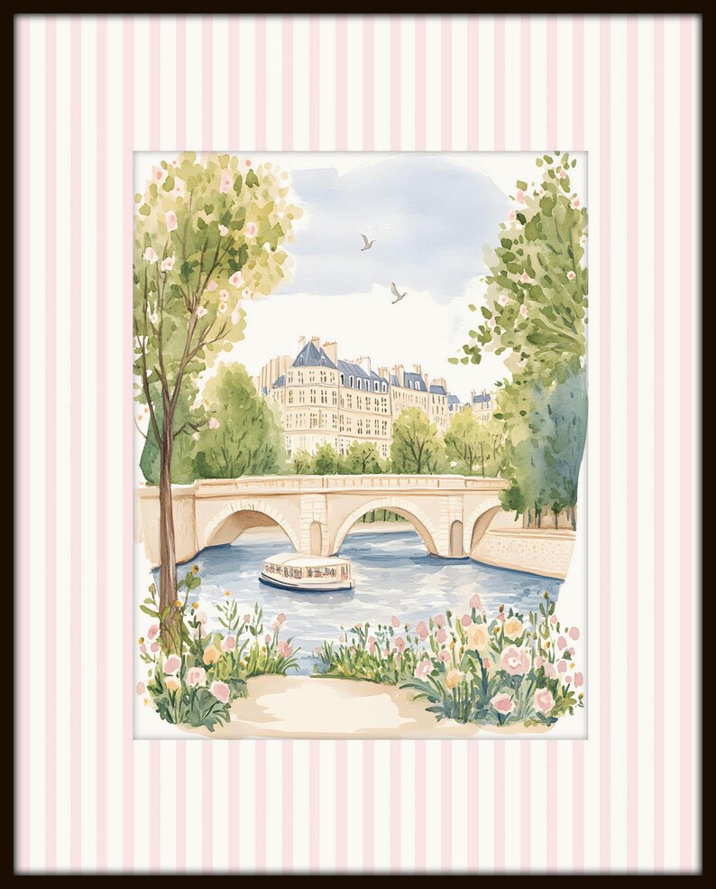 Puede incluir: Una pintura de acuarela de un puente sobre un r&iacute;o en Par&iacute;s, Francia. El puente est&aacute; hecho de piedra y tiene varios arcos. Hay edificios al otro lado del r&iacute;o, y &aacute;rboles y flores en las orillas. Un peque&ntilde;o barco navega por debajo del puente.