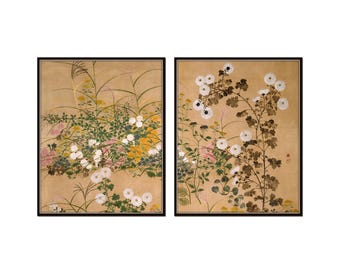 Conjunto de láminas de estilo chinoiserie vintage con motivos botánicos otoñales, láminas para pared, arte botánico vintage, conjunto de 2 láminas, conjunto de láminas botánicas, arte asiático.