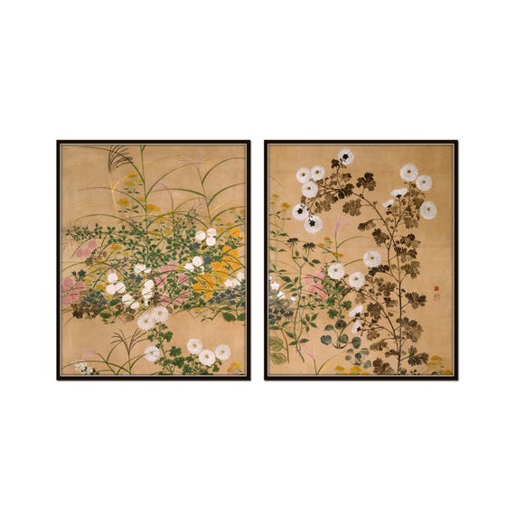 Vintage Chinoiserie Autumn Botanicals Print Set, Wall Art Prints, Vintage Botanical Art, Set of 2 Prints, Botanical Print Set, Asian Art
