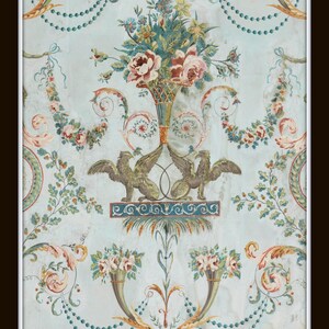 May include: A vintage wallpaper design featuring a pair of green birds with outstretched wings, a floral bouquet in a vase, and a repeating pattern of garlands and leaves on a light blue background.