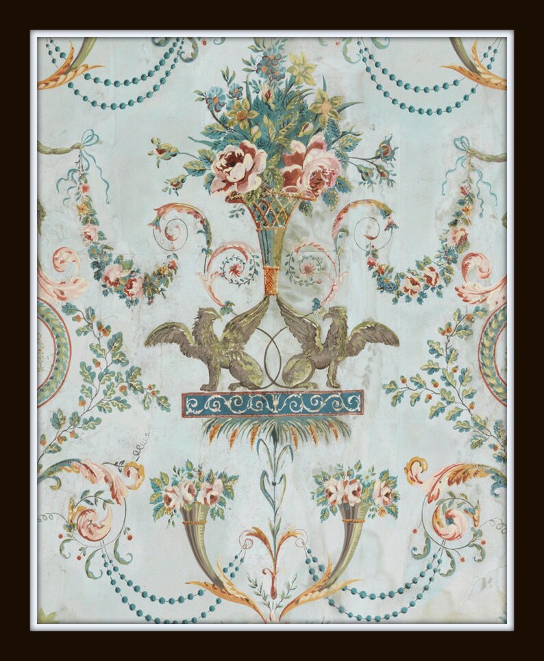 May include: A vintage wallpaper design featuring a pair of green birds with outstretched wings, a floral bouquet in a vase, and a repeating pattern of garlands and leaves on a light blue background.
