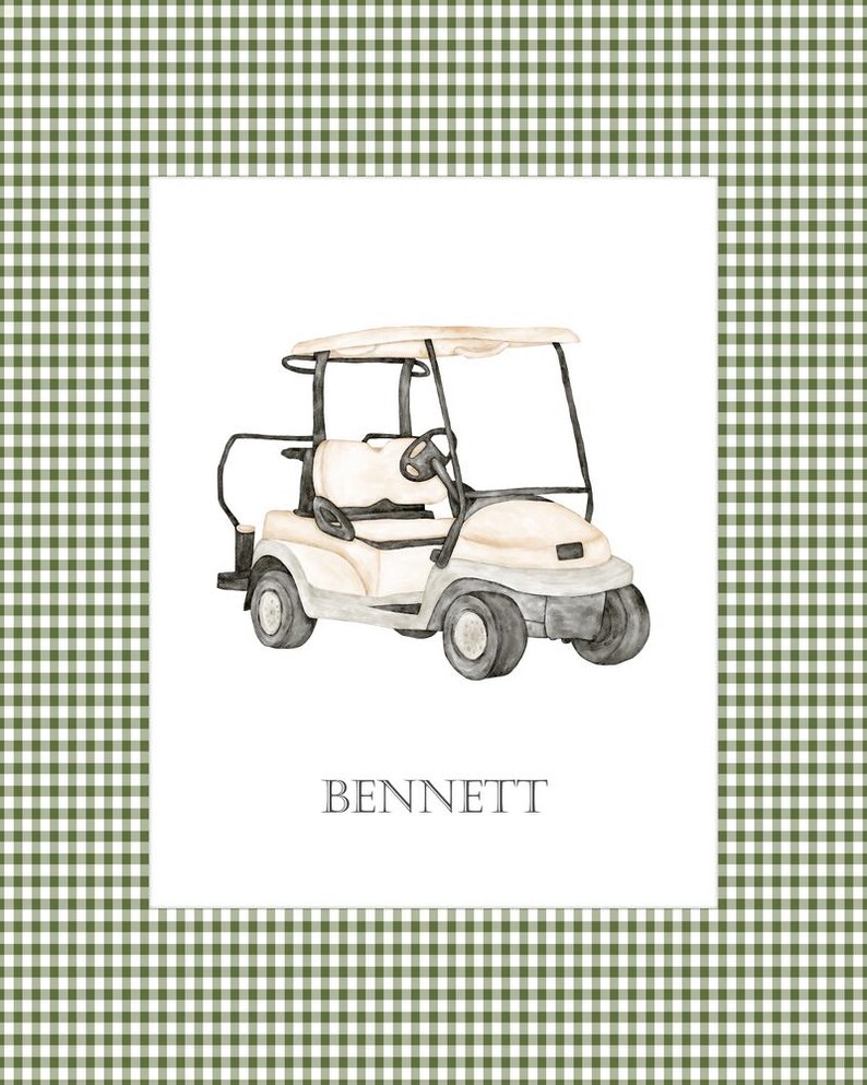 May include: A white golf cart with black wheels and a black steering wheel. The cart has a white canopy and the name "BENNETT" is written below the cart.
