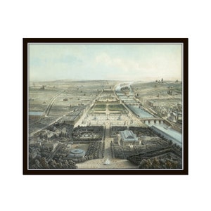 May include: A vintage illustration depicting an aerial view of Paris, France. The image shows the Tuileries Garden, the Seine River, and the city's skyline in the distance. The artwork is done in a muted color palette with shades of gray, brown, and green.
