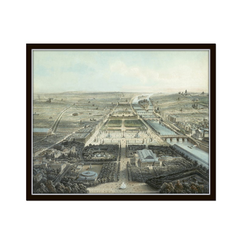 May include: A vintage illustration depicting an aerial view of Paris, France. The image shows the Tuileries Garden, the Seine River, and the city's skyline in the distance. The artwork is done in a muted color palette with shades of gray, brown, and green.