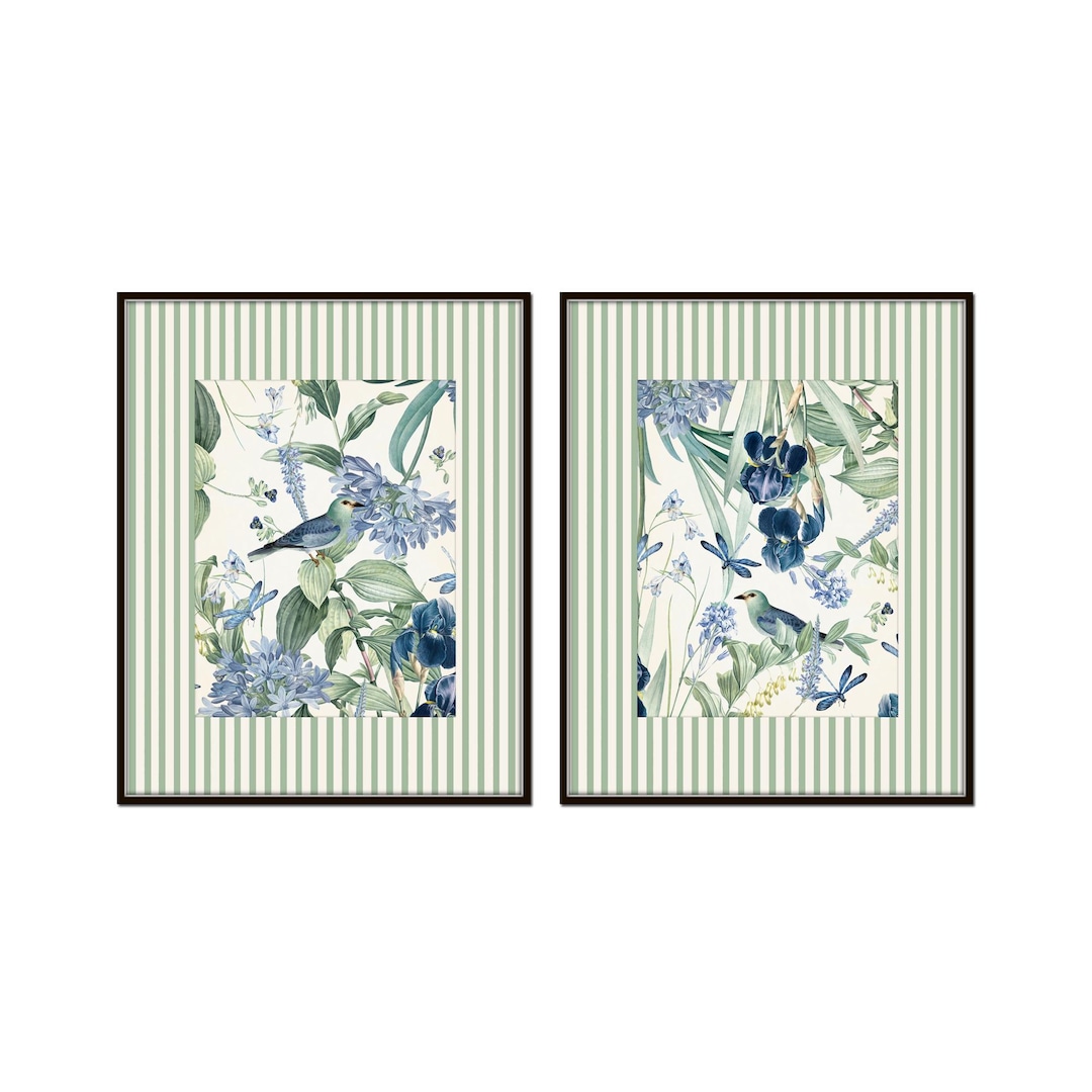 Vintage Bird and Botanical With Green Striped Border, Set of 2 Giclee ...
