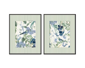 Pájaro vintage y botánico con borde de rayas verdes. Juego de 2 impresiones giclée. Arte de aves y botánico.