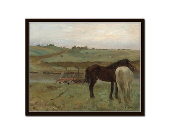 Vintage Horse Painting, Horses in a Meadow, Home Decor, Giclee, Print, Wall Art, Art Print, Farmhouse Decor, Horse Print, Antique Horse Art