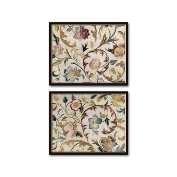 Vintage Italian Textile Print Set, Botanical Prints, Textile Art, Art Prints, Vintage Textile Wall Art, Antique Textile Art, Botanical Art