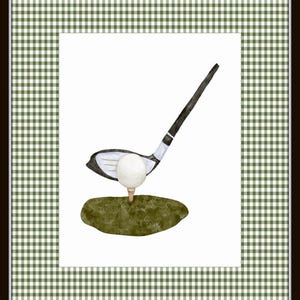 May include: A watercolor painting of a golf club and ball on a green tee. The club is raised in the air, as if about to hit the ball. The background is a green and white gingham pattern.