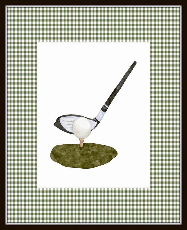 May include: A watercolor painting of a golf club and ball on a green tee. The club is raised in the air, as if about to hit the ball. The background is a green and white gingham pattern.