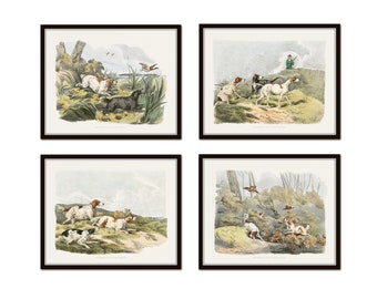 Ensemble d'impression de croquis de chasse vintage, art de la chasse aux oiseaux, gibier à plumes, art de canard, art de faisan, gravures de chiens, art mural, décoration d'intérieur, art de cabine