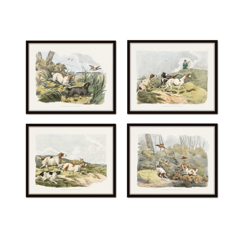 May include: A set of four vintage illustrations featuring hunting dogs in various poses. The illustrations are in a classic style with detailed linework and muted colors. The dogs are depicted in a variety of settings, including fields, forests, and hills.
