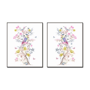 Chinoiserie Watercolor Print Set No. 14,  Bird and Botanical Print Set, Botanical Prints, Bird Prints, Chinoiserie Art, Preppy Wall Art