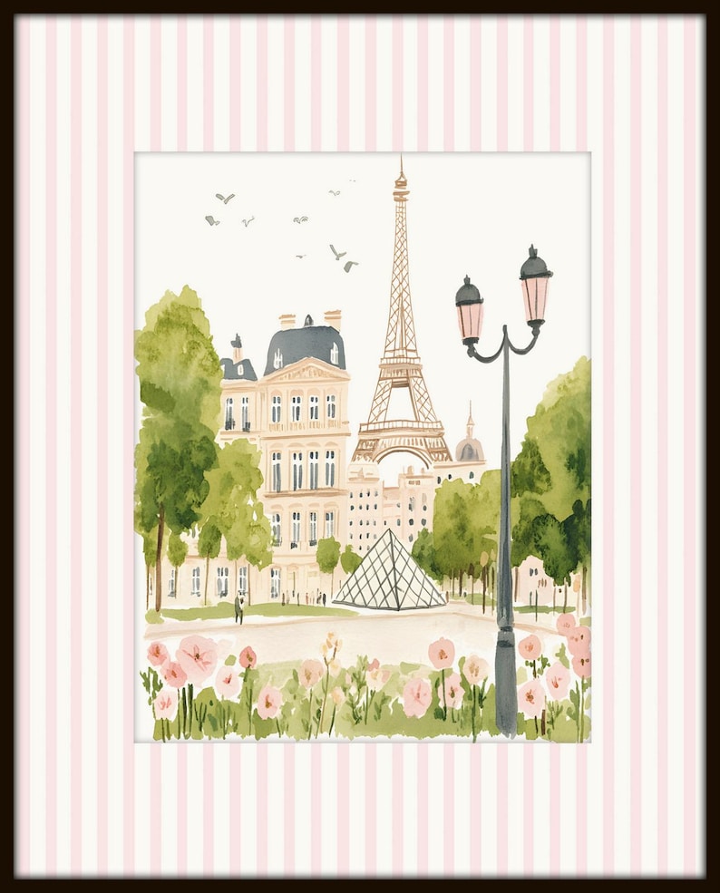 Puede incluir: Una pintura de acuarela de la Torre Eiffel en Par&iacute;s, Francia. La pintura presenta un edificio parisino, una pir&aacute;mide y una farola con flores rosas en primer plano.