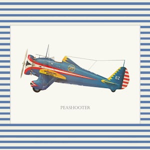 May include: A vintage illustration of a blue and yellow Peashooter airplane with red and white accents. The plane is set against a cream background and framed by a blue and white striped border. The word "PEASHOOTER" is printed below the plane.