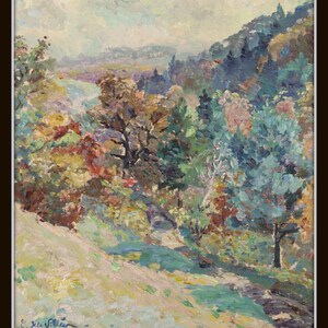 May include: A painting of a landscape with a winding path through a forest. The trees are painted in shades of green, blue, and brown, and the path is lined with yellow and green grass. The sky is a light blue with white clouds.